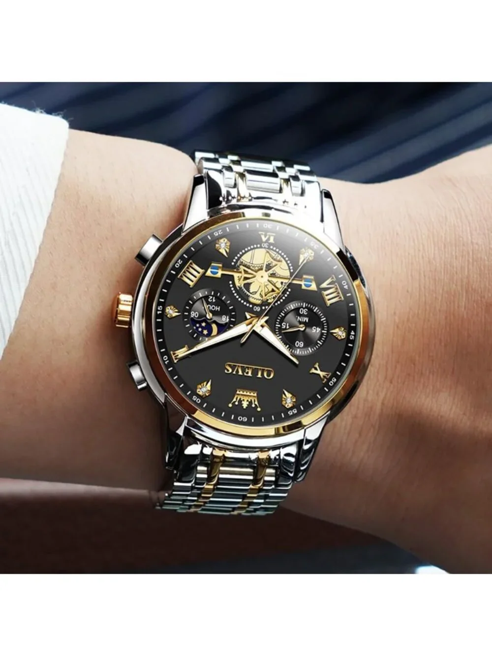 Men's Silver Black Skeleton Stainless Diamond Multi Calendar Chronograph Watch